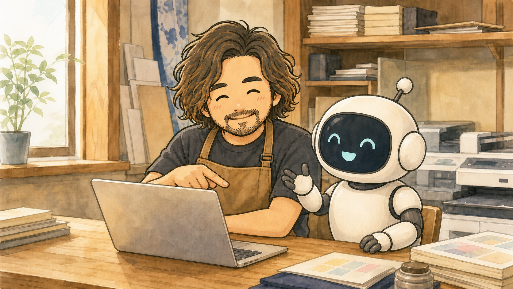 トッティーとチャッピーがパソコンを見ながら一緒にブログを考えているイラスト