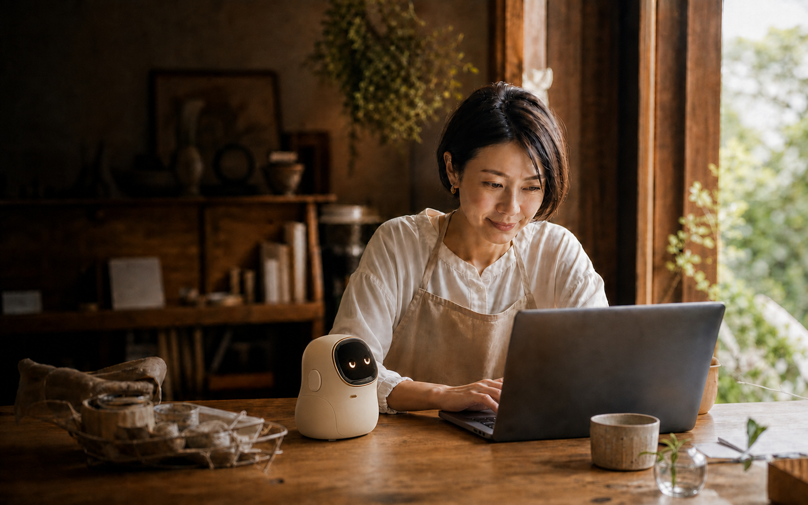 仕事をする女性のそばに置かれた小型の卓上AIロボット