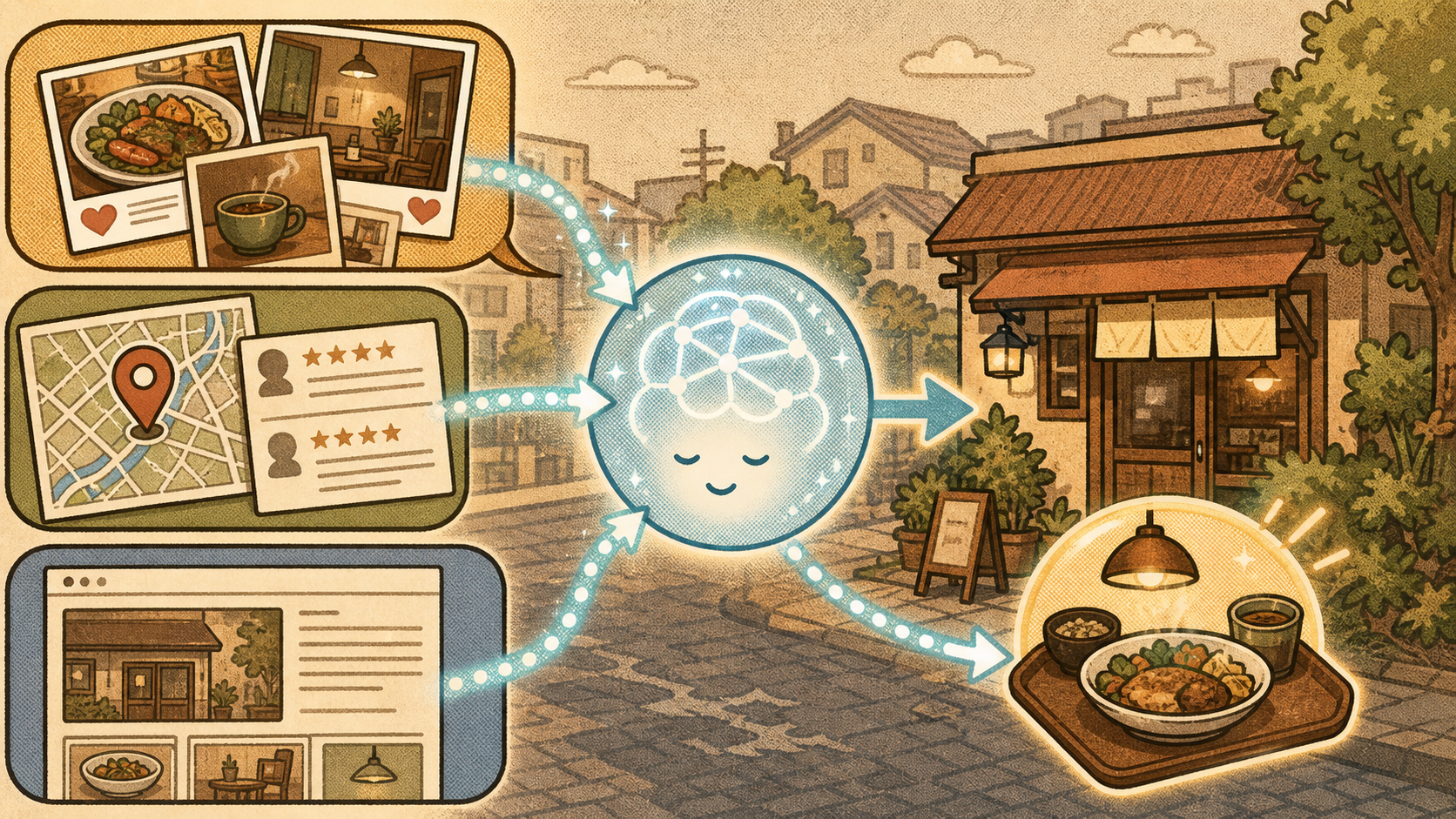 SNS、地図と口コミ、自社ホームページの情報をAIが読み取って店を提案するイメージ