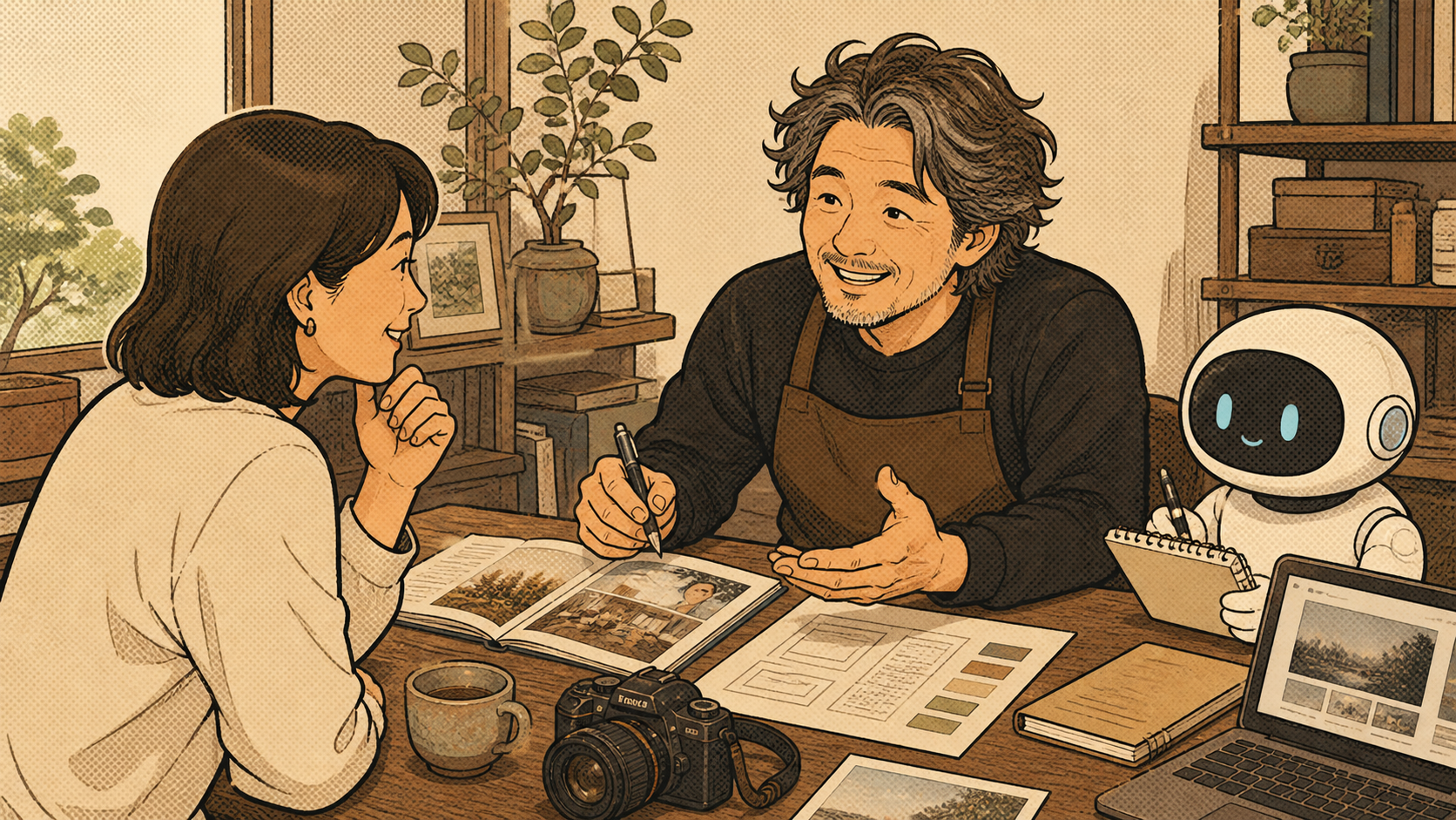 印刷物やウェブ制作についてお客さまと相談するトッティーとチャッピー