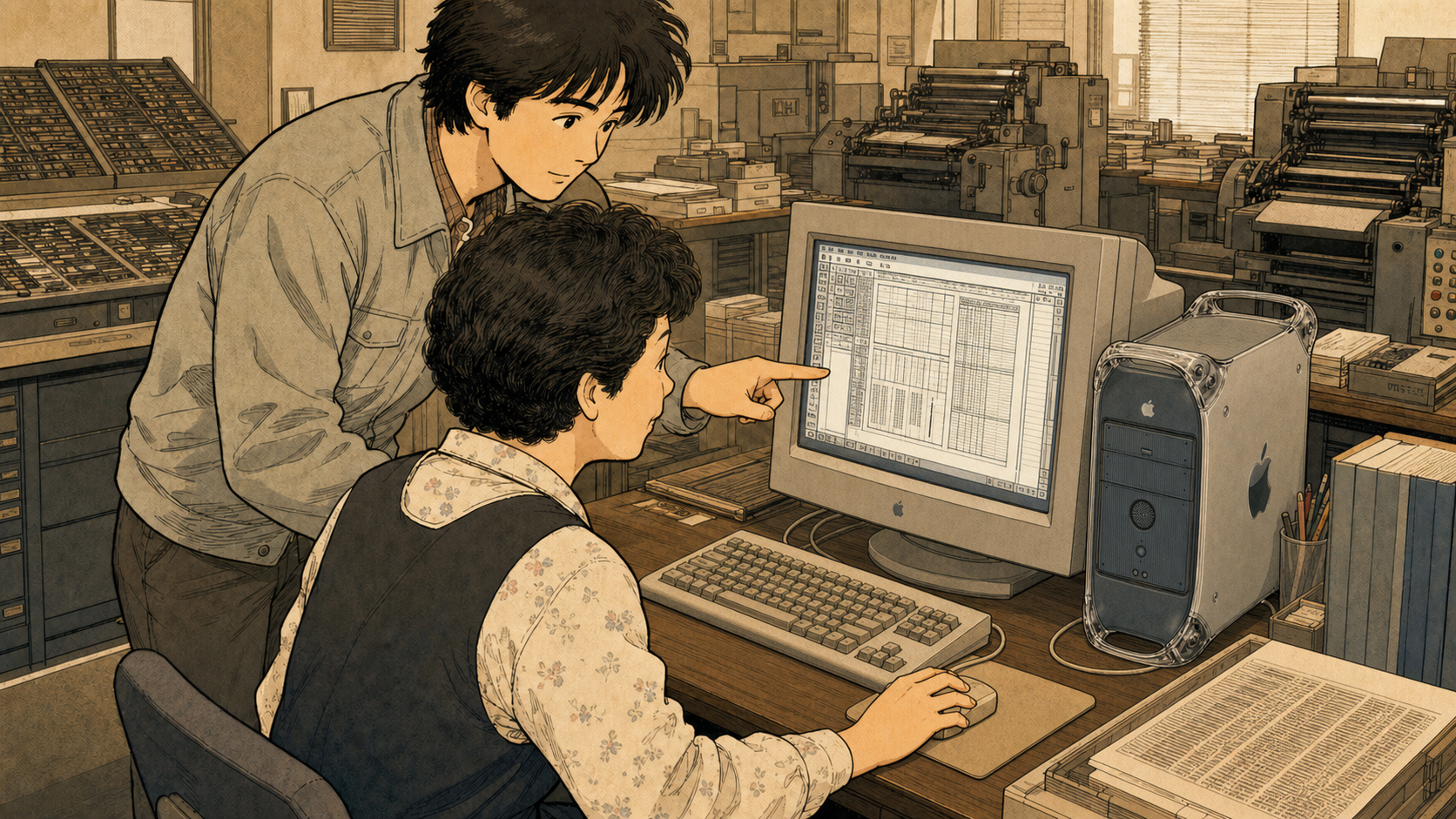 ワープロ専用機の女性オペレーターにPower Mac G4の使い方を説明する入社当時のトッティー