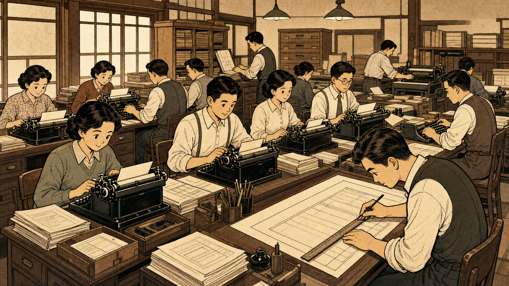 タイプライターで文字を打ち、定規で表の線を引いていた昔の一心舎