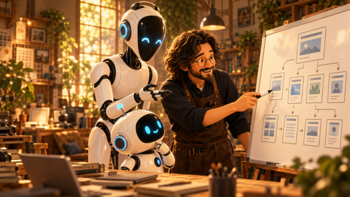 温かい制作室でトッティー、チャッピー、ジョブがホワイトボードを見ながらホームページの情報整理を相談する様子