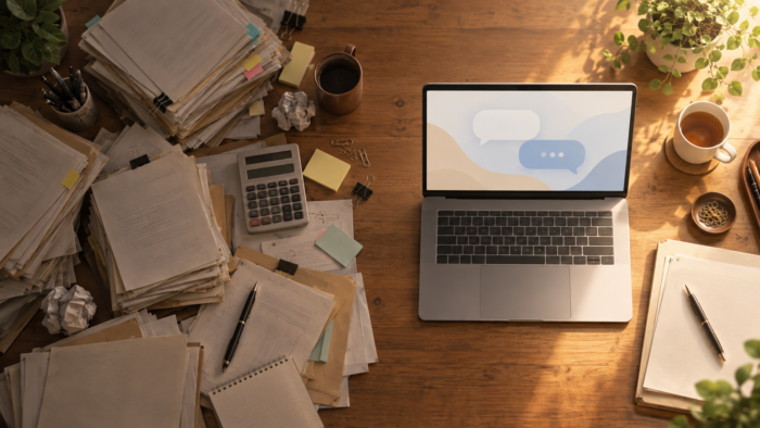 木の机を真上から見た、書類が散らばる従来の補助金申請とAIで整理されたPC作業の対比